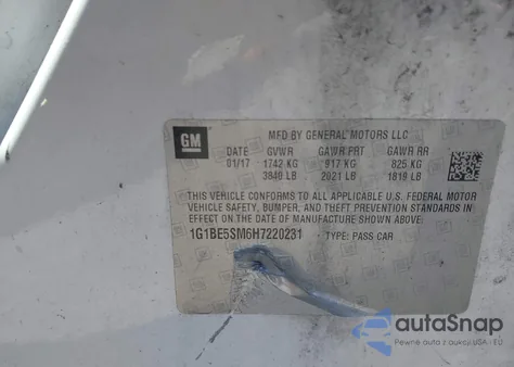 2017 Chevrolet Cruze Lt Auto из США, поврежденный, VIN 1G1BE5SM6H7220231